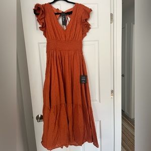 Lulus NEW WITH TAGS! XL- Rust Orange Swiss Dot Smocked Backless Midi Dress